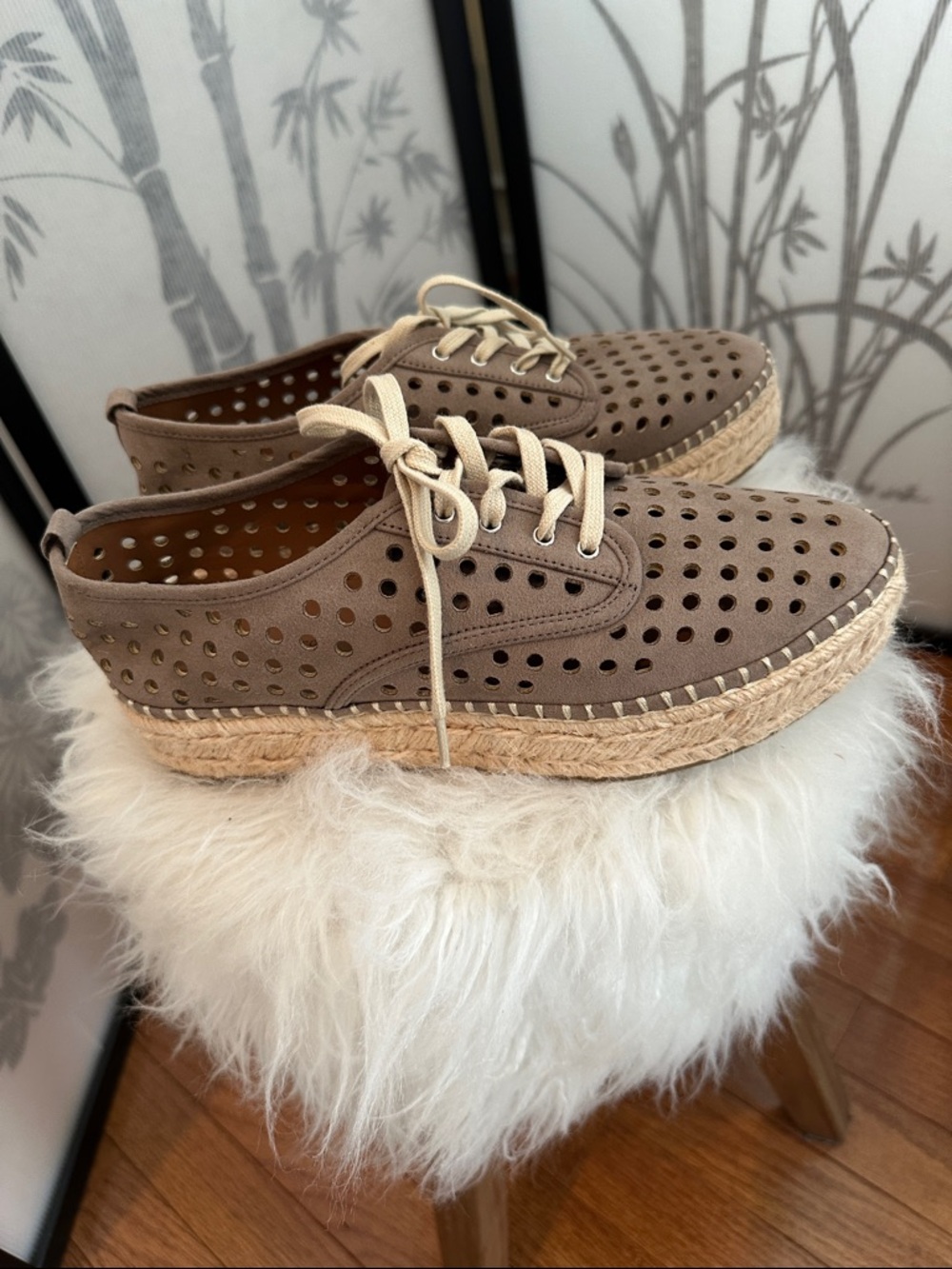 Indigo Taupe Perforated Espadrille Lace-Up Sneakers